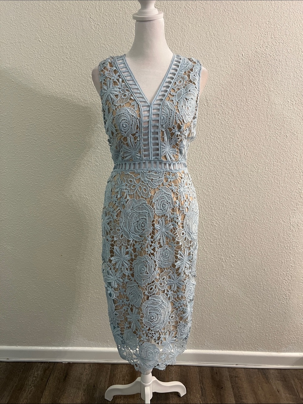 Aqua Light Blue Floral Lace Midi Dress